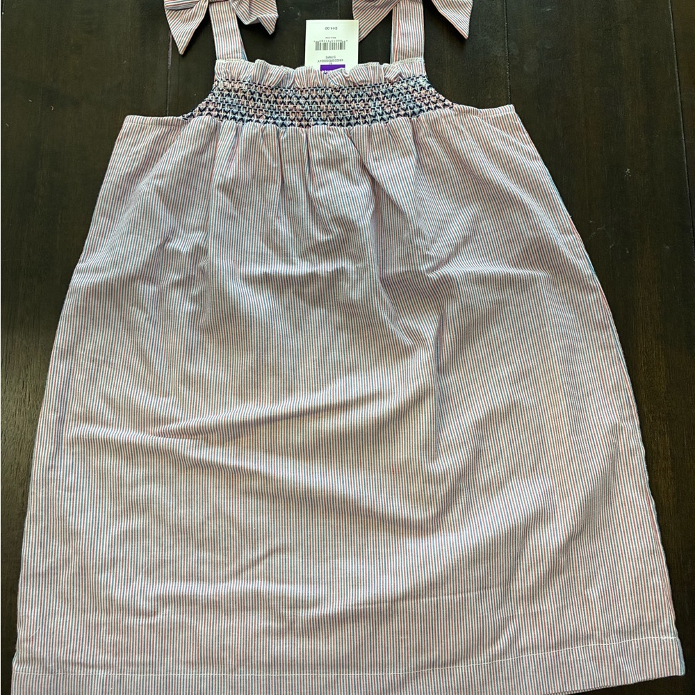 New With Tags Smocked Seersucker Tie-Strap Dress in Red/White Stripe